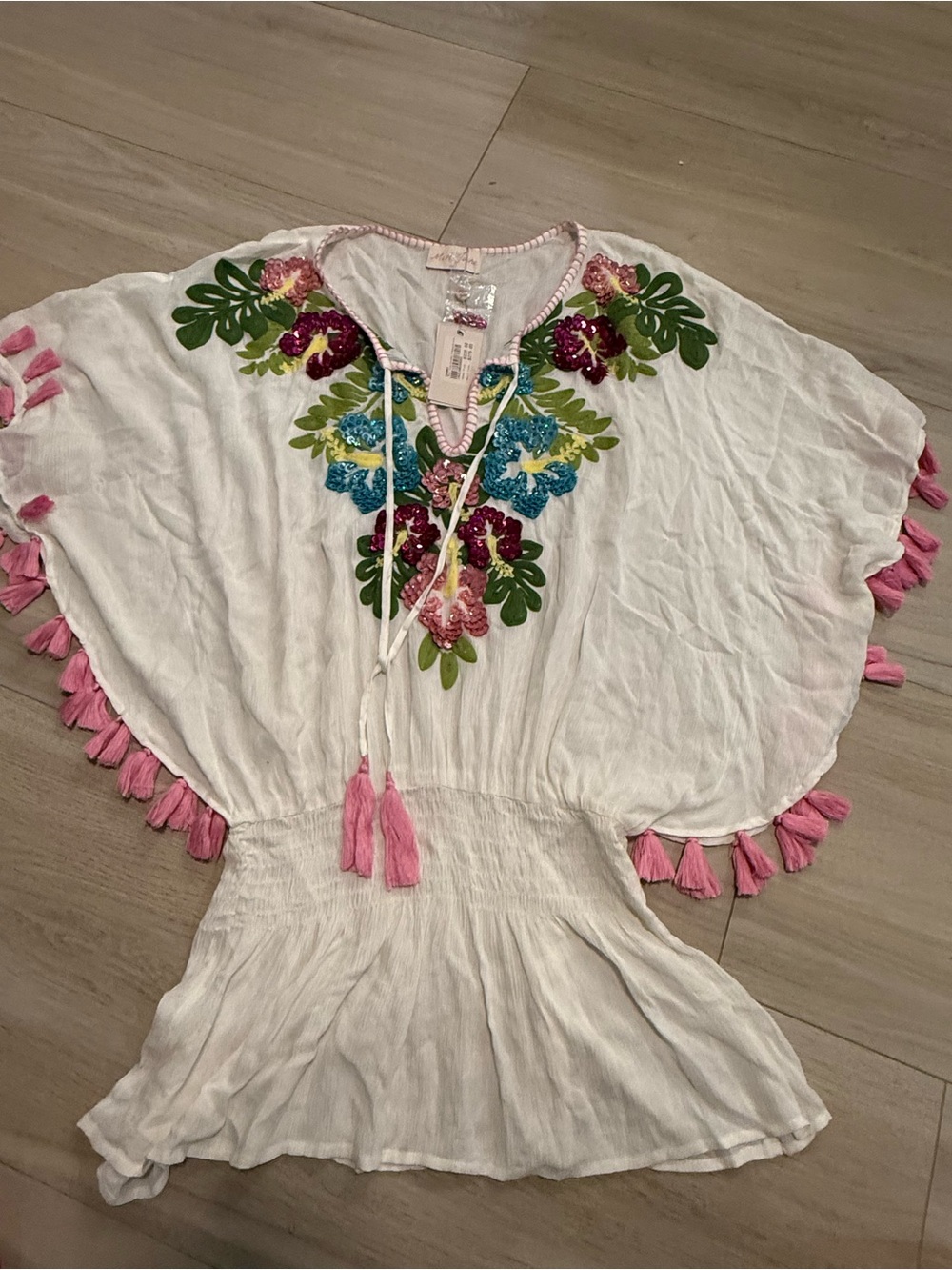 White Embroidered Tassel Swim Dress/Coverup- one size
